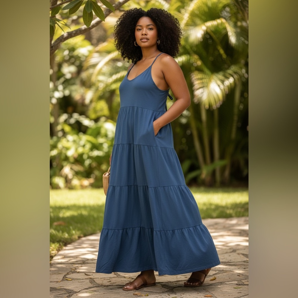 Blue Sleeveless Tiered Dress
